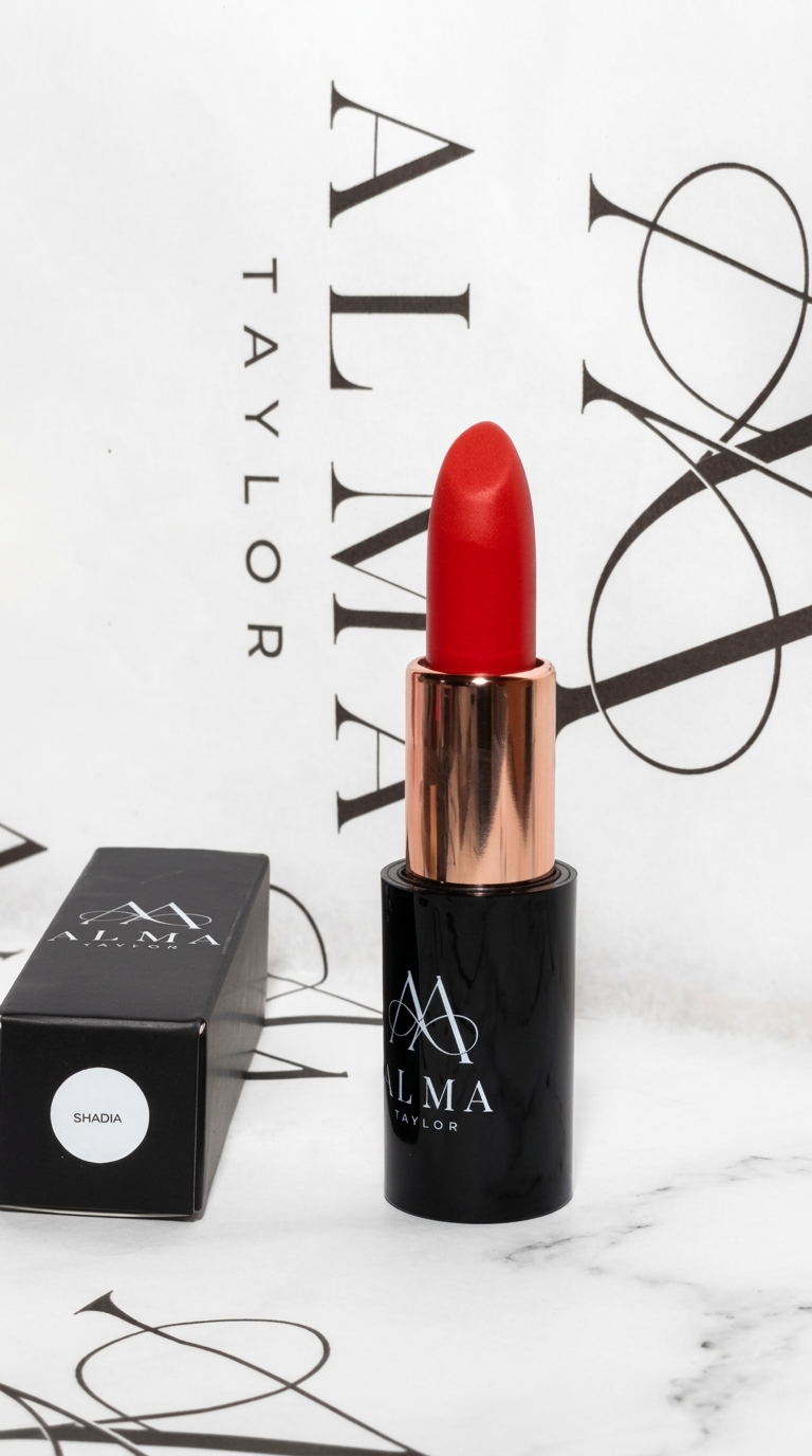 ALMA Matte Long Wear Lipstick in Shadia with its signature packaging